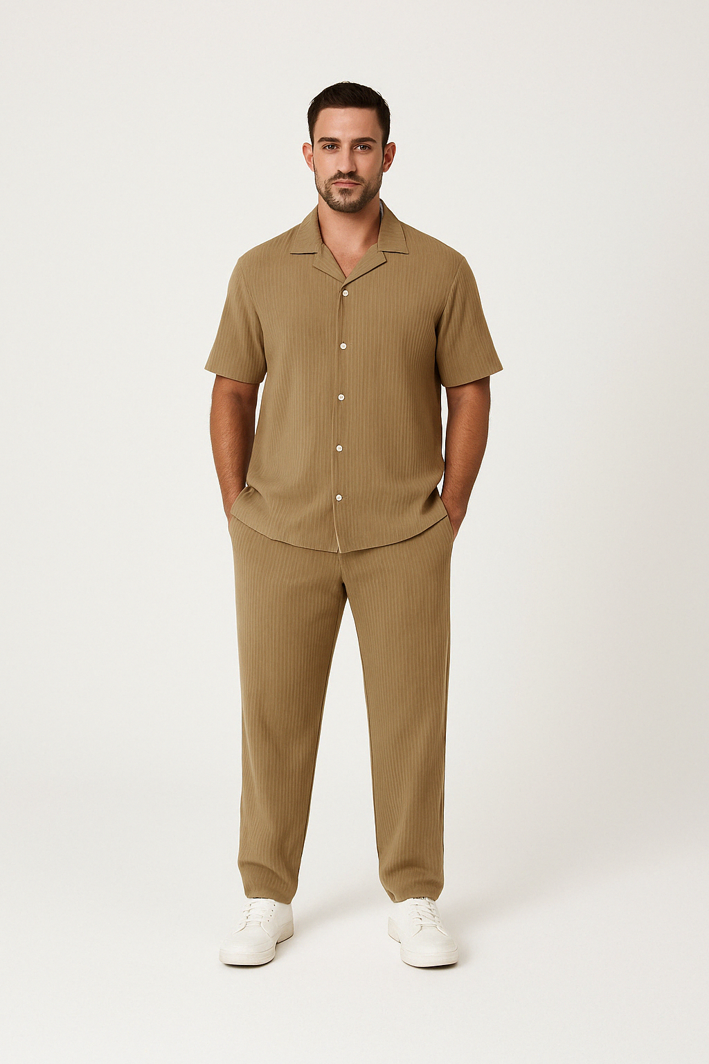 Ensemble Homme Chemise À Manches Courtes Et Pantalon En Mélange Coton Lin Décontracté Été