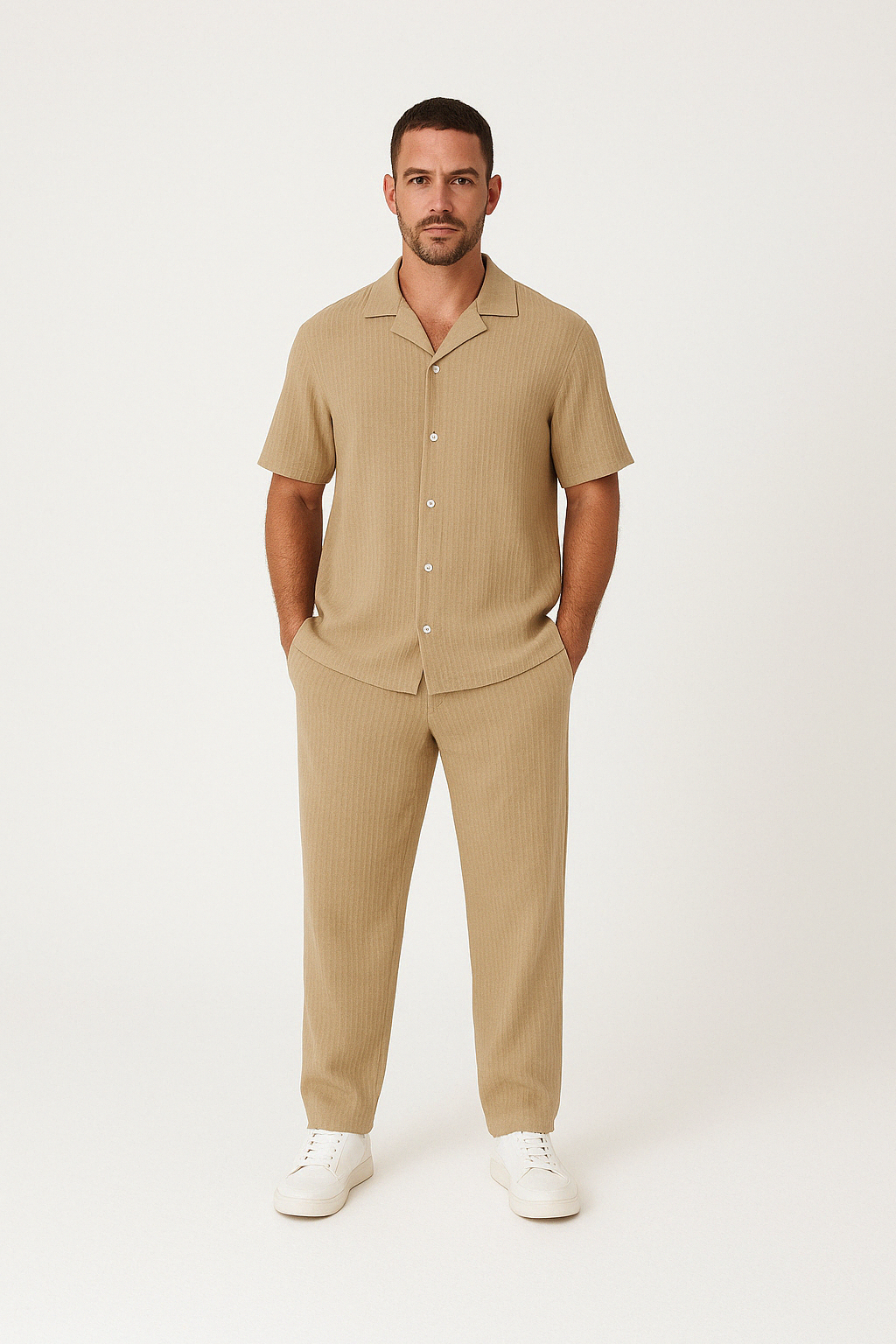 Ensemble Homme Chemise À Manches Courtes Et Pantalon En Mélange Coton Lin Décontracté Été