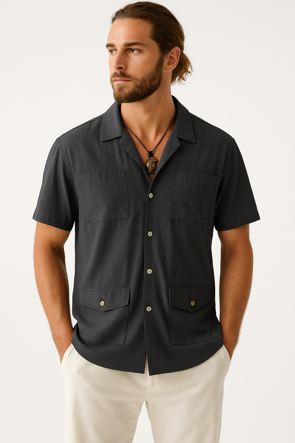 Chemise Homme Manches Courtes Coton Lin Mélange Col Revers Quatre Poches Coupe Décontractée Style Nordique