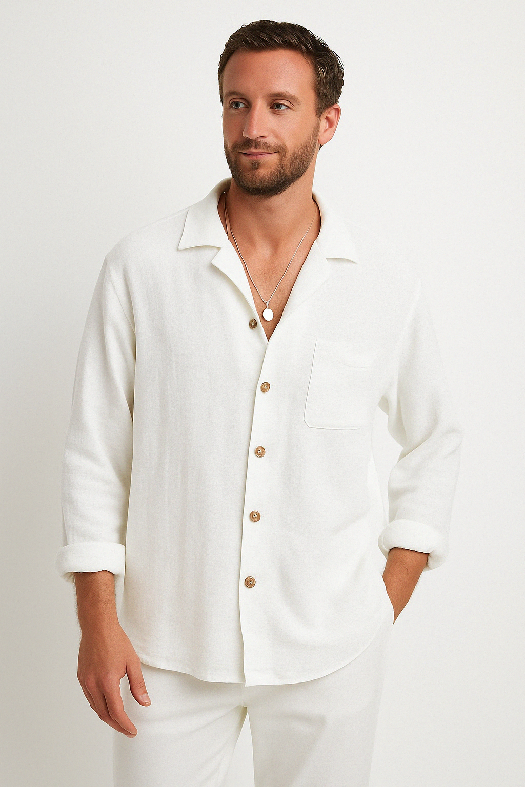 Chemise Homme Lin Coton Mélangé Coupe Décontractée Manches Longues Bouton Flair Nordique