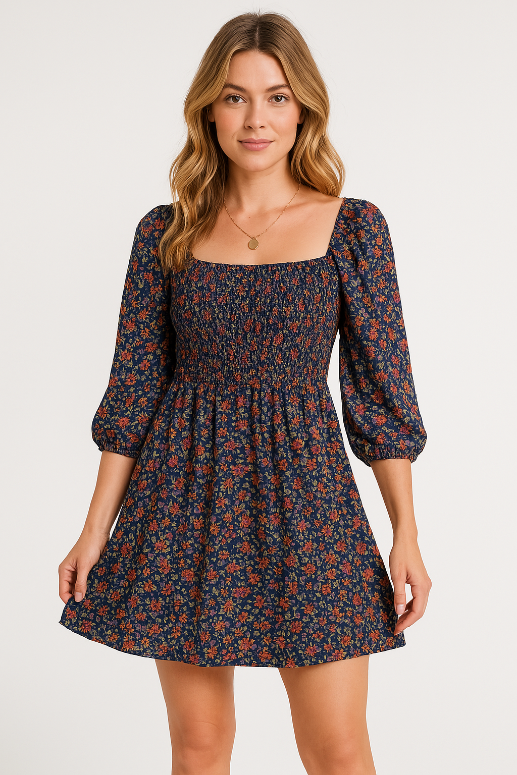 Robe Aline Pour Femme En Coton Léger Corsage Smocké Col En U Manches Bouffantes Élégante