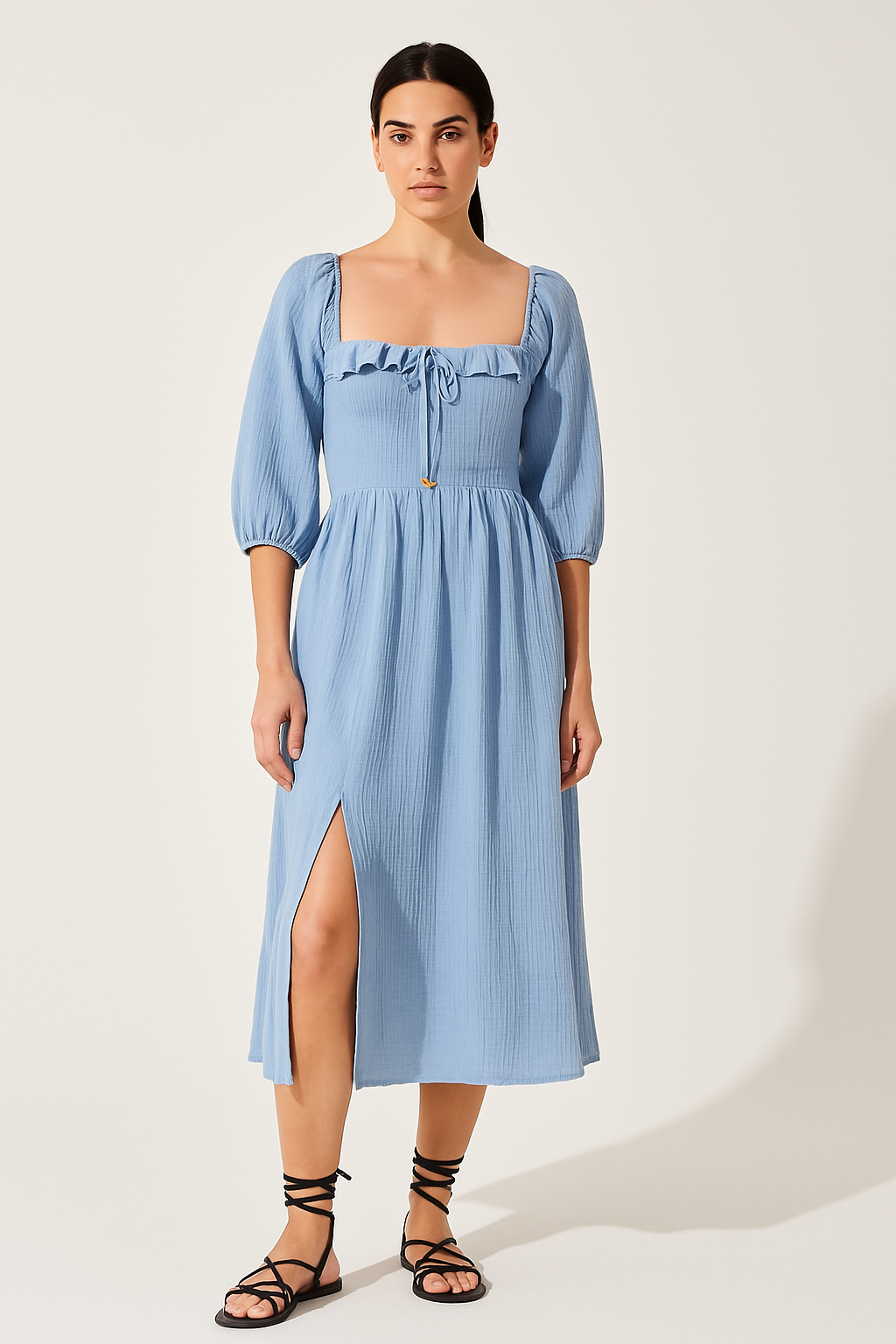 Robe Midi Femme A Ligne En Coton Mélangé Col V Froncé Avec Smock Taille Et Volants Longues