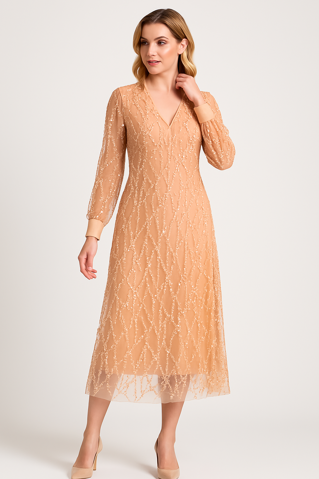 Robe Maxi Femme Décolleté En V Manches Longues Paillettes Silhouette Aligne Élégante Pour Événements Amawinc