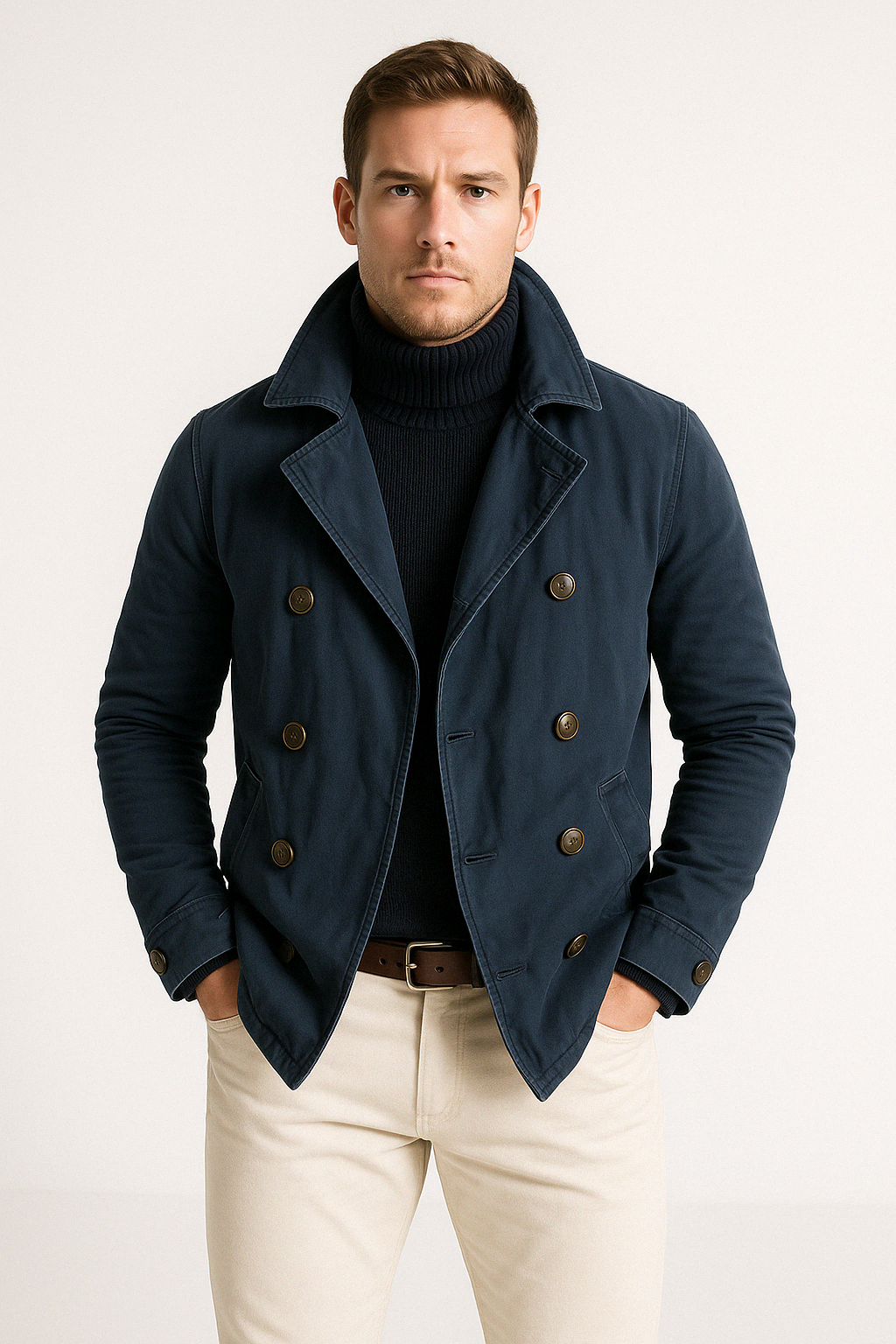 Veste Homme Coton Lourd Coupe Slim Double Boutonnage Col Haut Mi Longue Style Nordique Amawinc