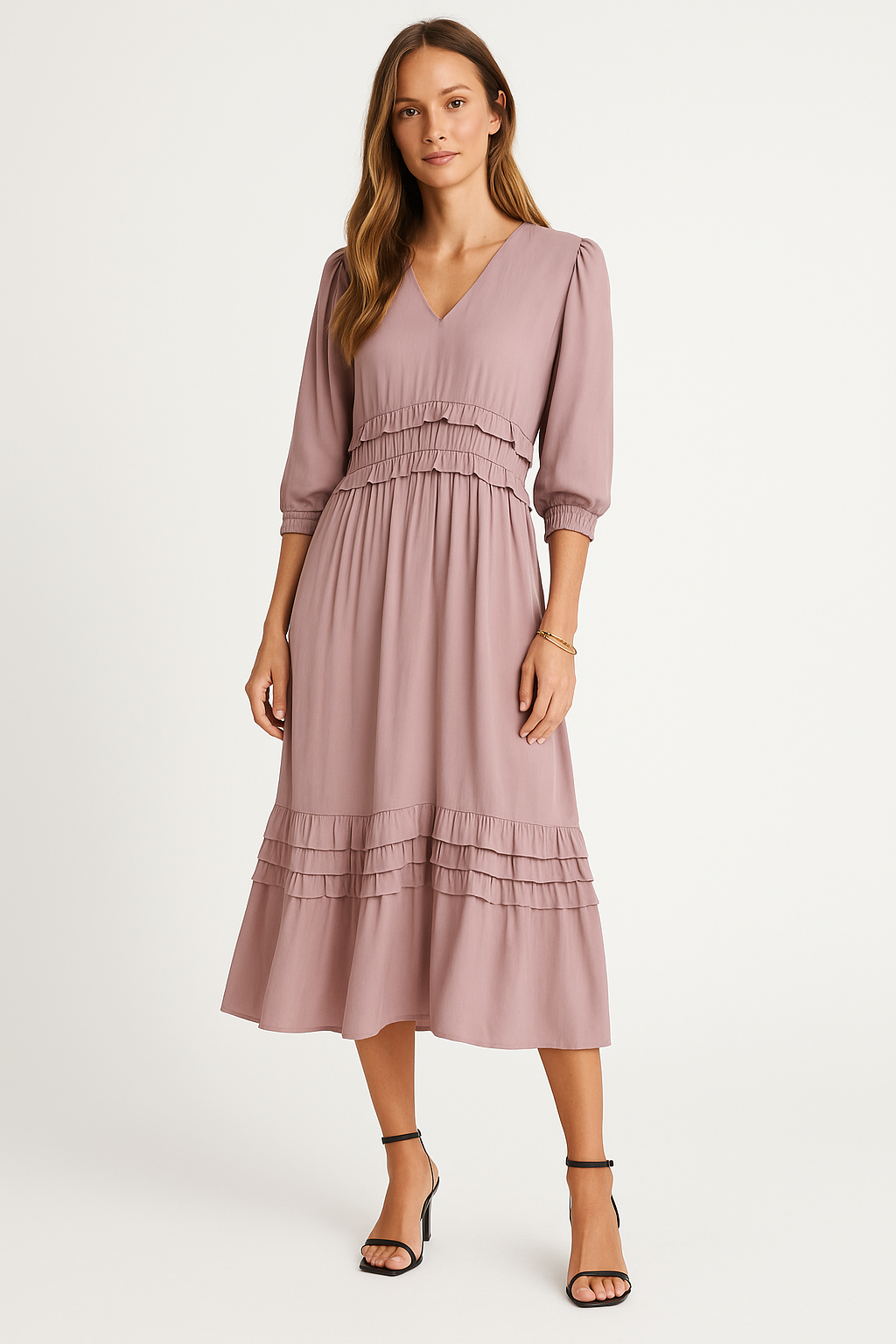 Robe Midi Femme Encolure En V Avec Volants Superposés Manches Longues Coupe Décontractée Mélange Coton