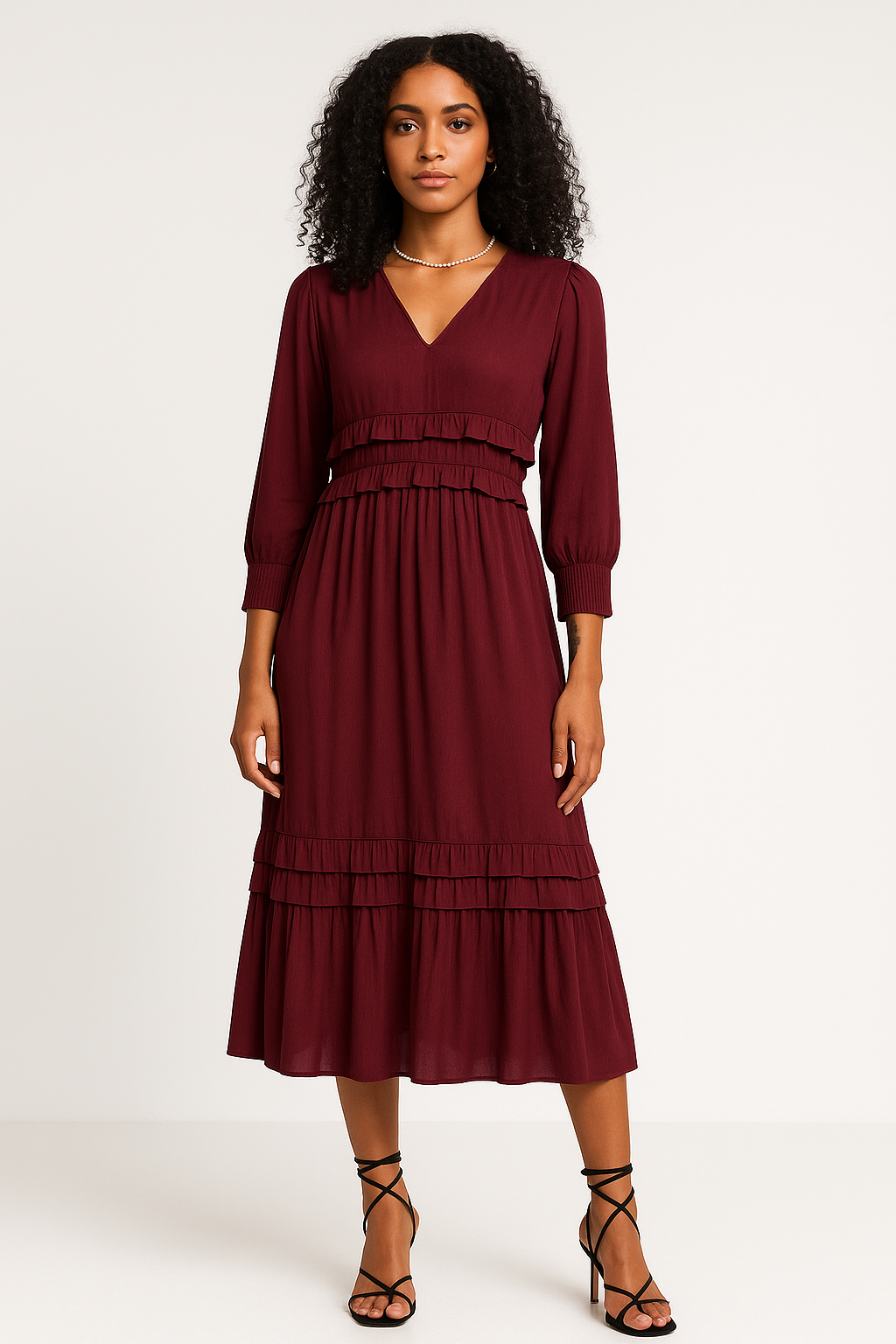 Robe Midi Femme Encolure En V Avec Volants Superposés Manches Longues Coupe Décontractée Mélange Coton