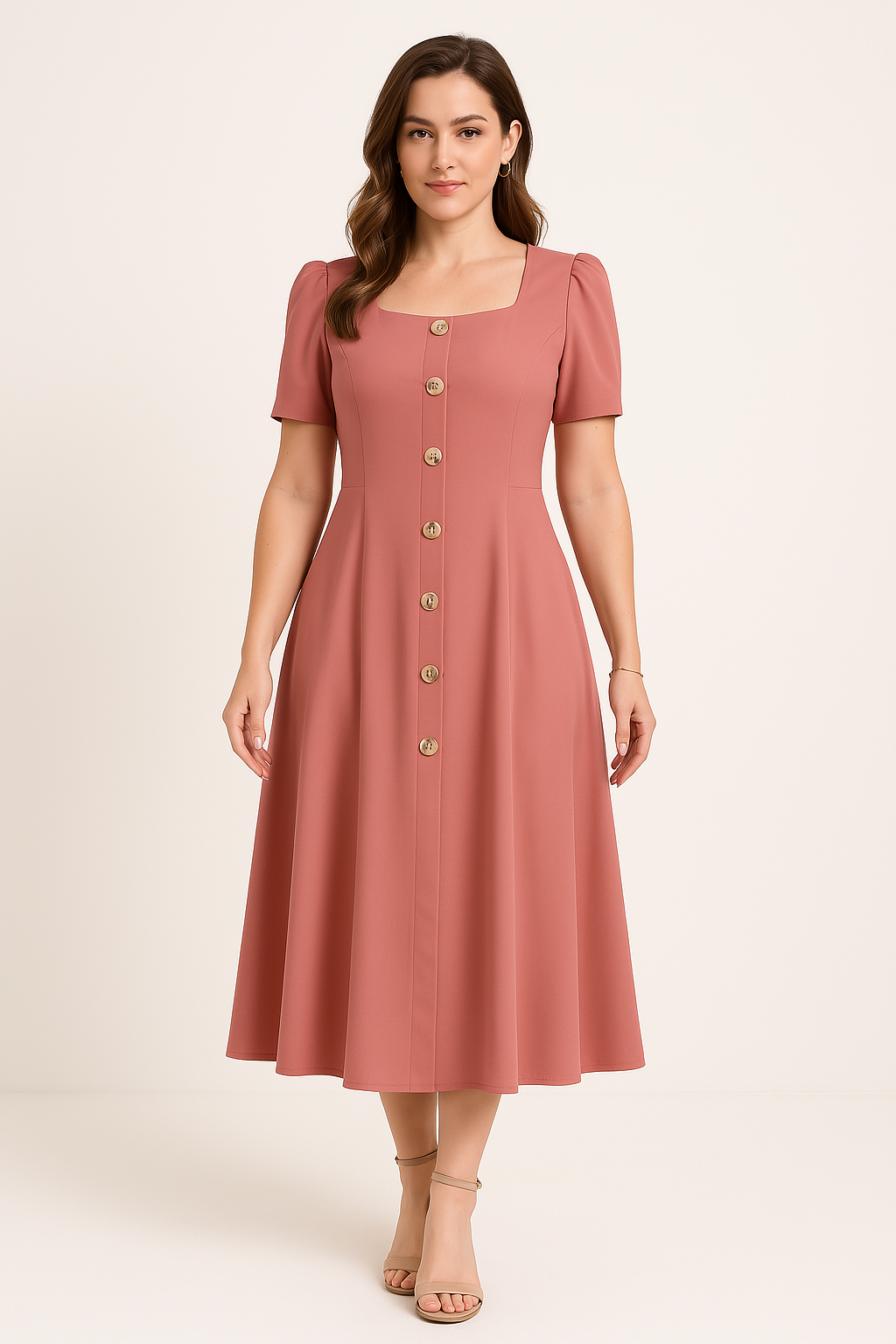 Robe Midi En Maille Cintrée Silhouette A Ligne Manches Bouffantes Fermeture Bouton Amawinc