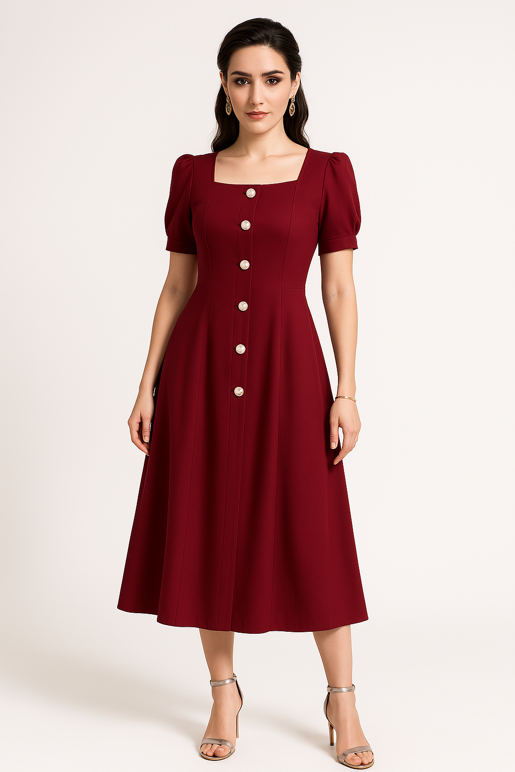 Robe Midi En Maille Cintrée Silhouette A Ligne Manches Bouffantes Fermeture Bouton Amawinc