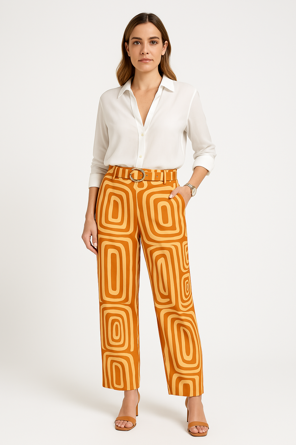 Ensemble Blouse et Pantalon Femme Mélange Coton avec Ceinture à Motif Géométrique Coupe Décontractée