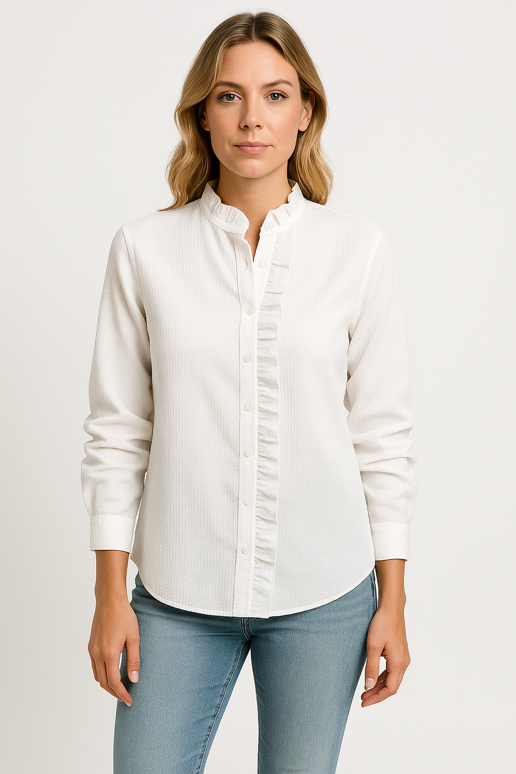Blouse Femme Décontractée en Tissu Texturé Manches Longues Bouton de Fermeture Avec Bordure À Volants