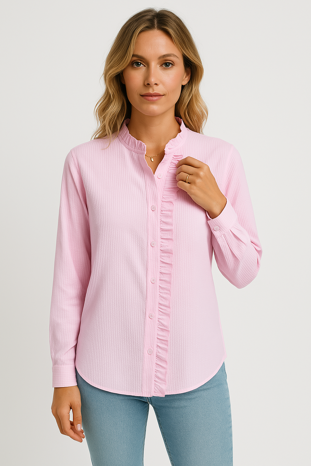 Blouse Femme Décontractée en Tissu Texturé Manches Longues Bouton de Fermeture Avec Bordure À Volants