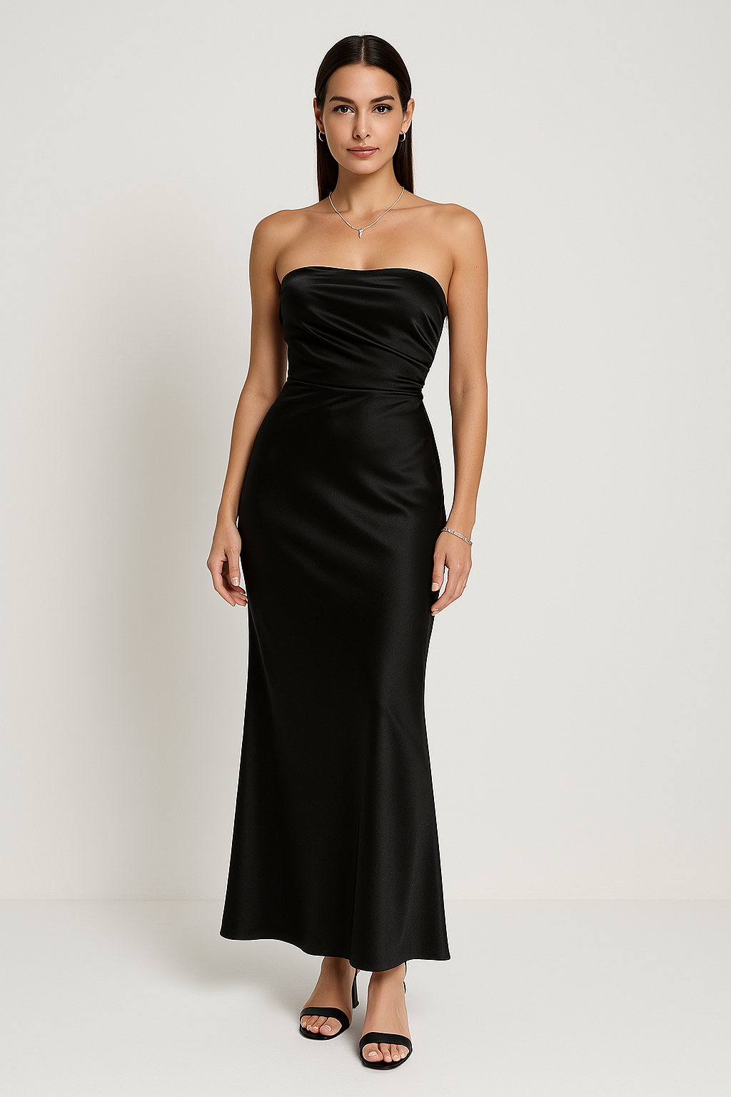Robe De Soirée Amawinc Sans Bretelles Pour Femme À Coupe Moulante Longue Satinée Avec Ruchés Élégante