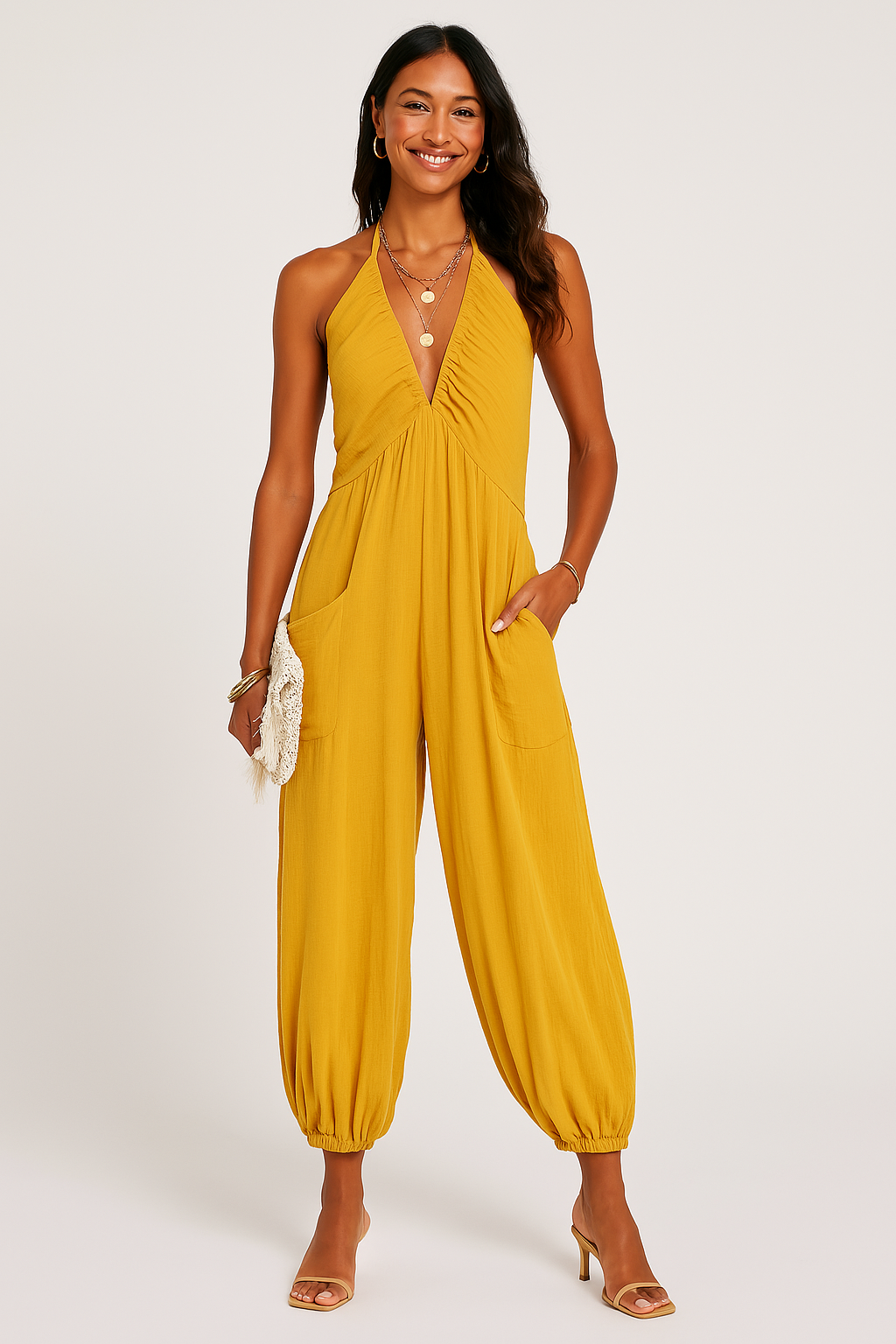 Combinaison Femme Halterneck Décolleté Plongeant Jambes Fuselées Coupe Décontractée Avec Poches Nordic Flair