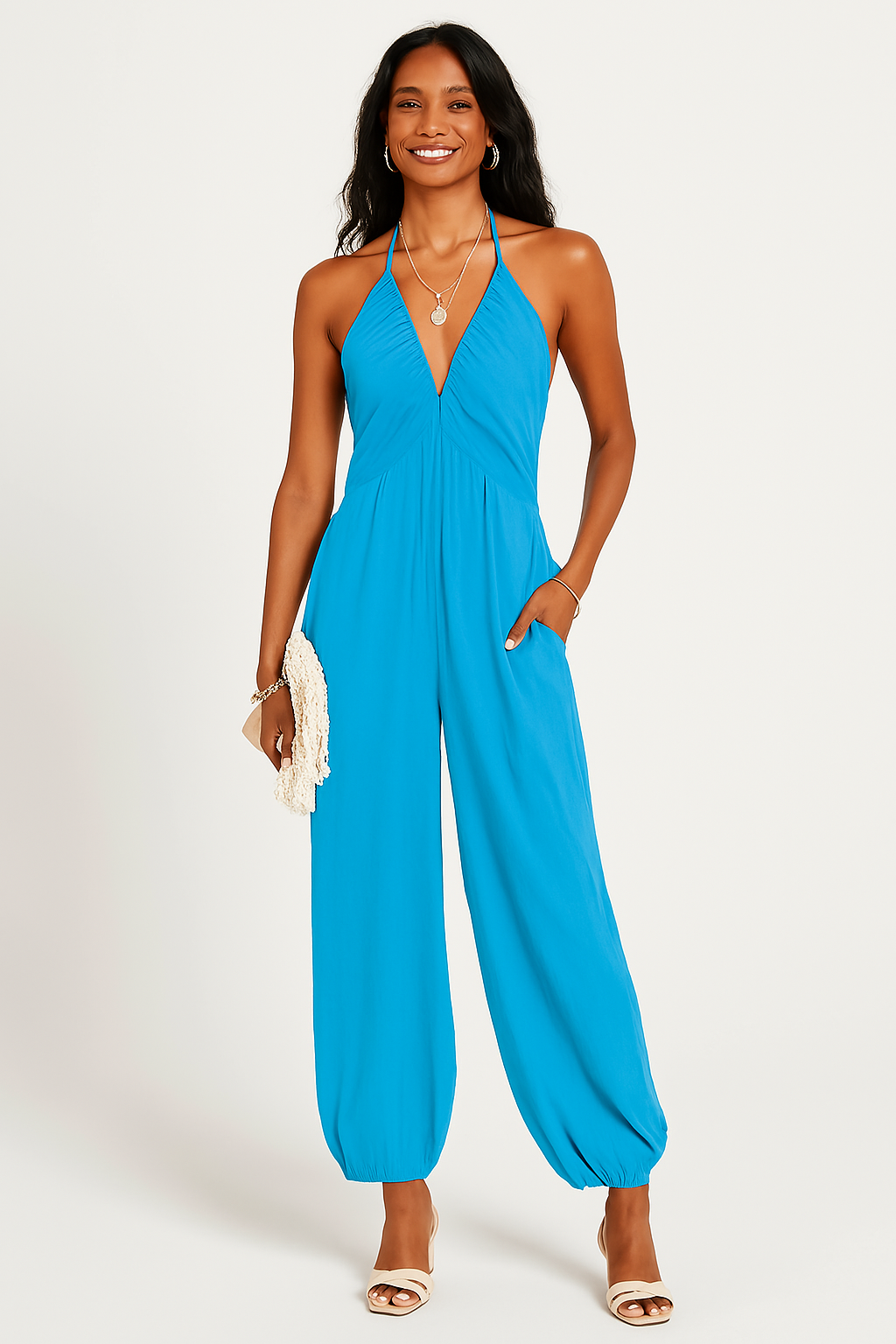 Combinaison Femme Halterneck Décolleté Plongeant Jambes Fuselées Coupe Décontractée Avec Poches Nordic Flair