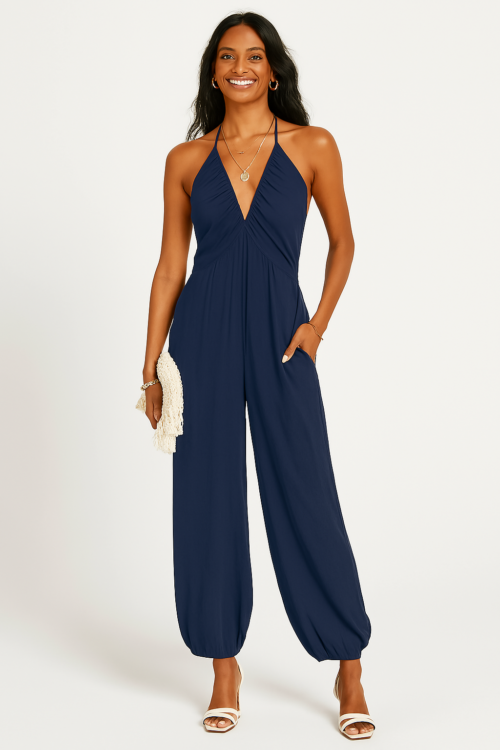 Combinaison Femme Halterneck Décolleté Plongeant Jambes Fuselées Coupe Décontractée Avec Poches Nordic Flair