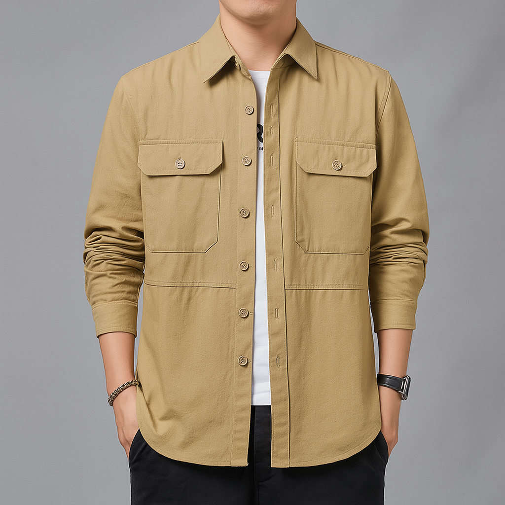 Takao Surchemise Utilitaire En Coton Léger Avec Poches Poitrine Doubles Boutonnage Complet Et Détails En Panneaux