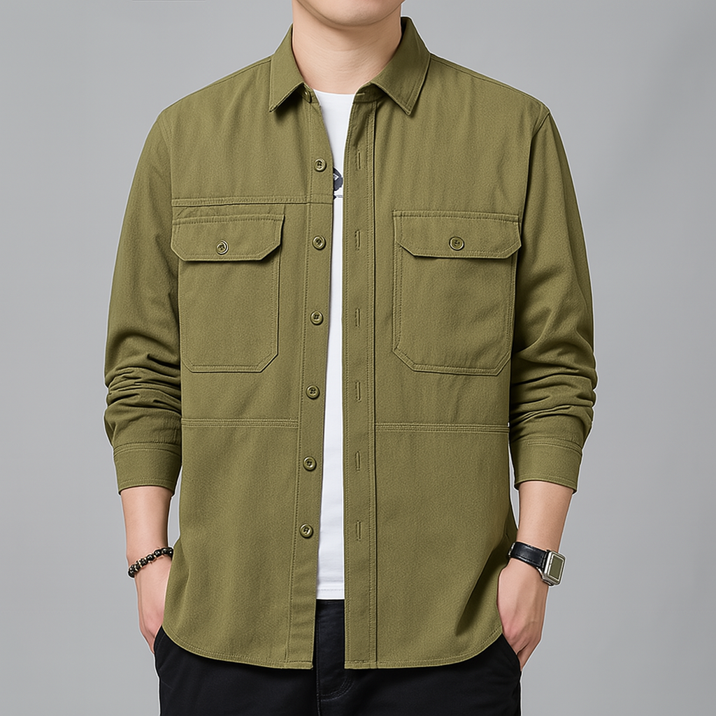 Takao Surchemise Utilitaire En Coton Léger Avec Poches Poitrine Doubles Boutonnage Complet Et Détails En Panneaux