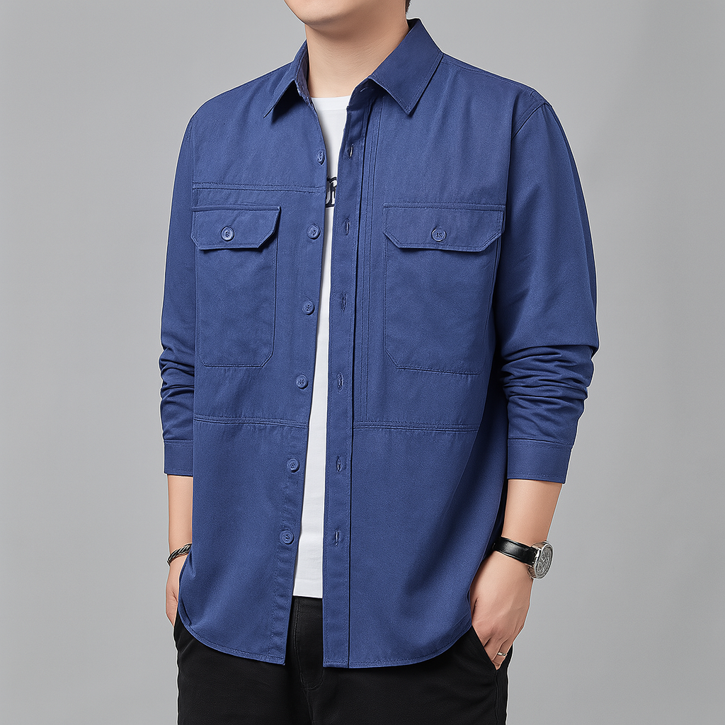 Takao Surchemise Utilitaire En Coton Léger Avec Poches Poitrine Doubles Boutonnage Complet Et Détails En Panneaux