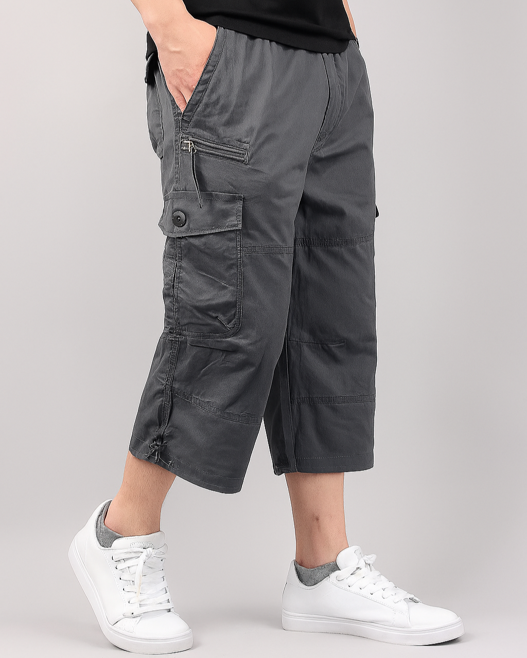 Terrain Shorts Cargo En Coton Lavé Doux, Coupe Décontractée Juste Sous Le Genou, Poches À Rabat