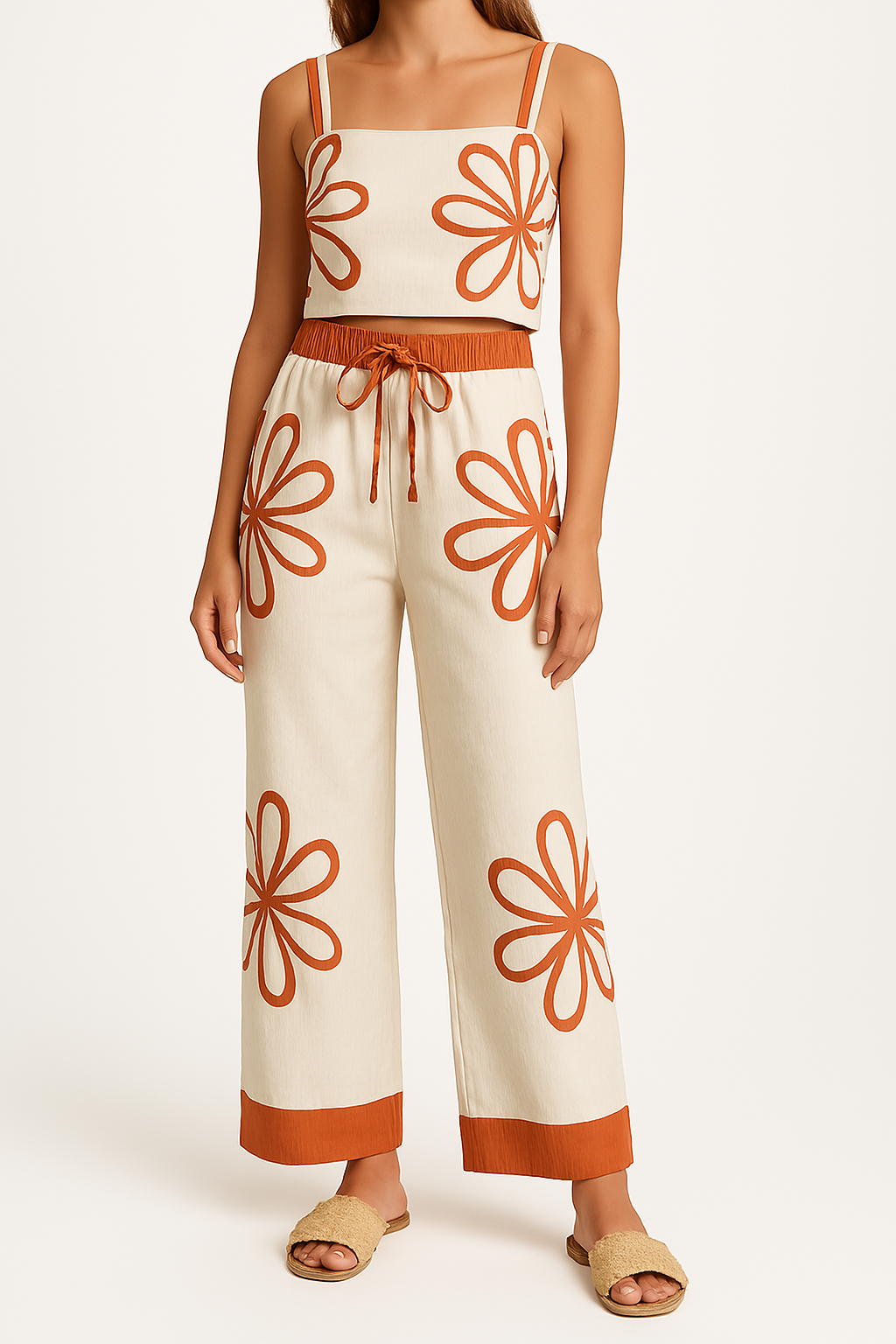Ensemble Femme Haut Croppé et Pantalon Large Coton Imprimé Fleuri Confort Relaxé