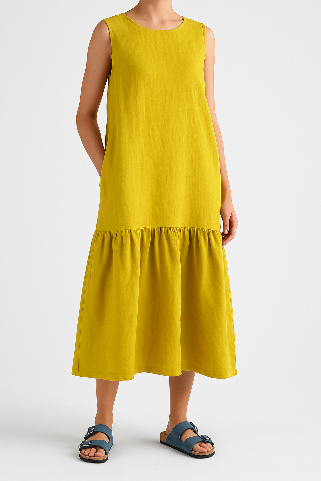 Robe Midi Femme Sans Manches Lin Mélange Viscose Coton Bordure Volante Pour Tous Les Jours
