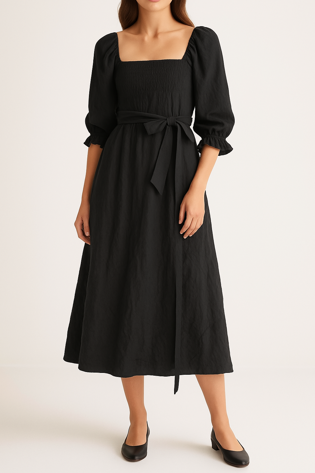 Robe Midi Pour Femme Réversible Buste Smocké Et Manches Bouffantes Coupe En A Ceinture