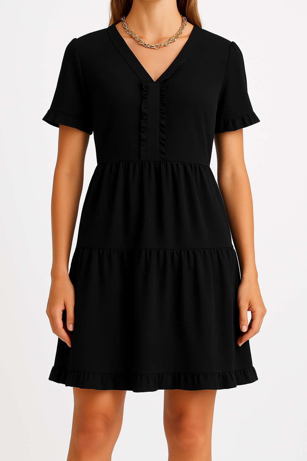 Robe Femme A-Line Décontractée Col V Volants Superposés Manches Courtes Idéale Été Élégante
