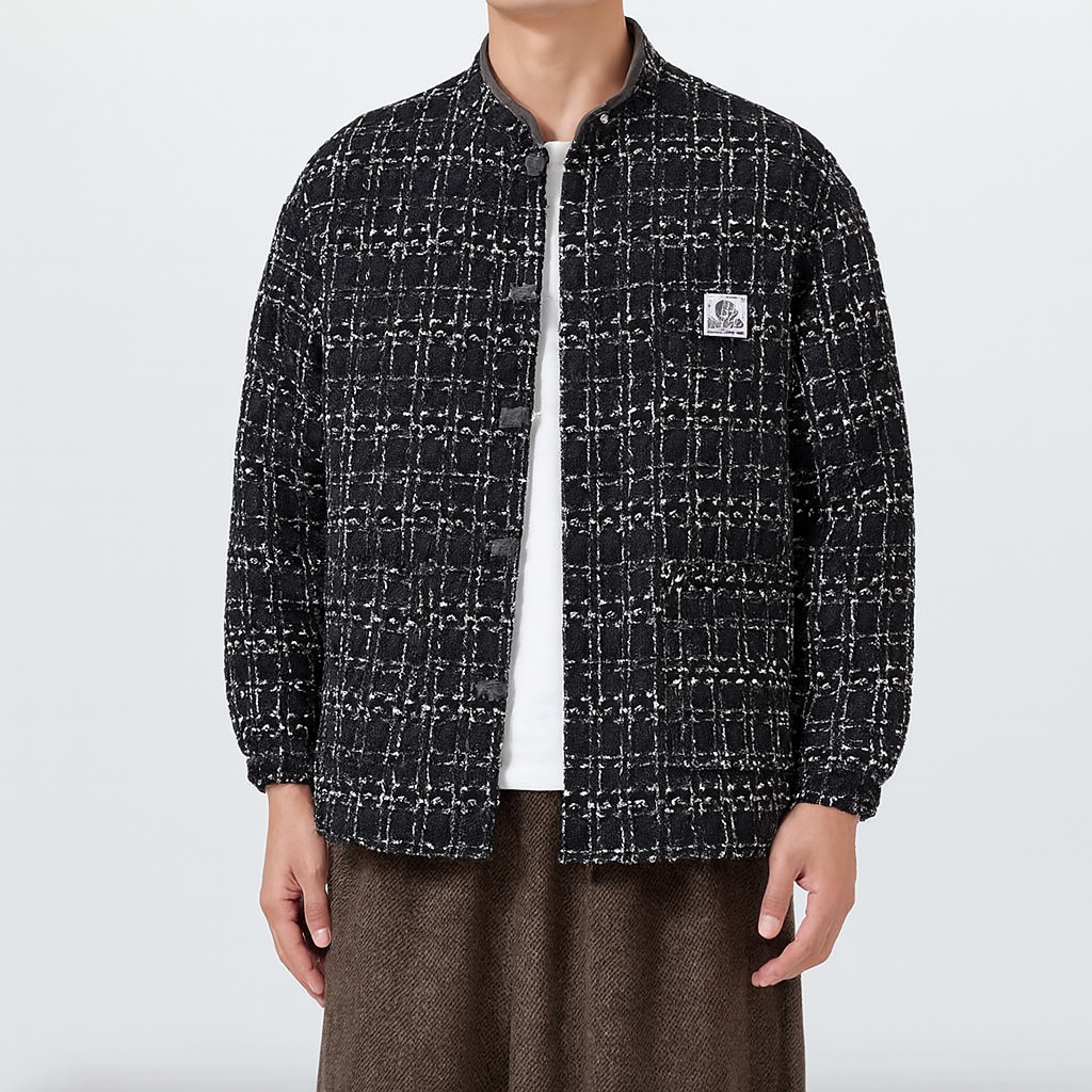Veste Tweed Akira Inspirée Est Asiatique Silhouette Boxy Noeuds Pankou Avec Textures Riches