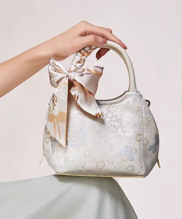Sac fourre-tout chic en coton jacquard beige avec nœud - Amawinc