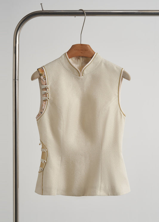 Gilets orientaux chics beiges à boutons chinois et découpes ajourées, automne - Amawinc