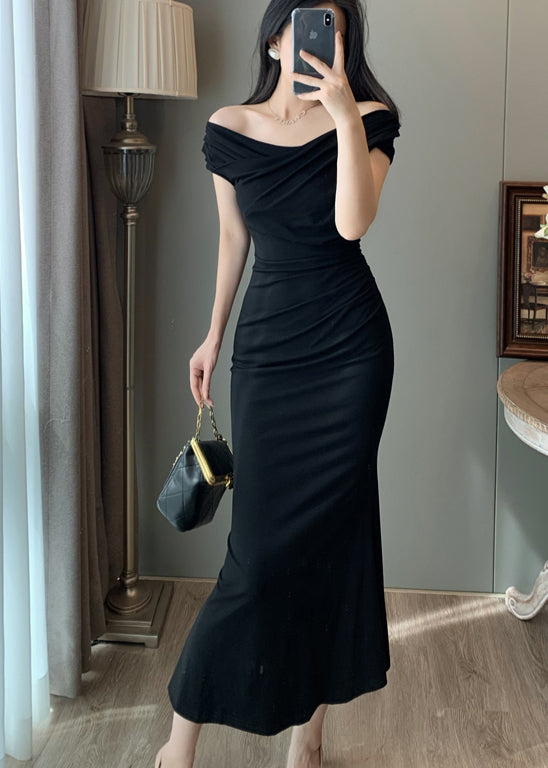 Robe de soirée portefeuille noire chic à épaules dénudées pour l'été - Amawinc