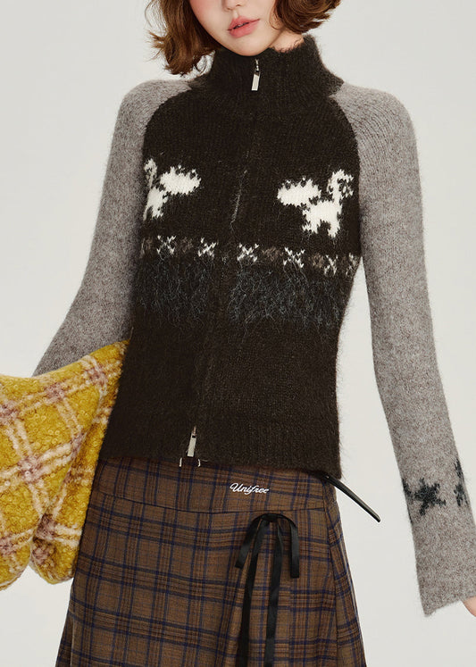 Gilet d'hiver chic noir zippé en maille patchwork - Amawinc