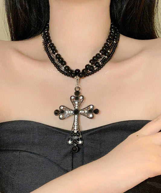 Collier chic en perles multicouches en zircon noir croisé - Amawinc