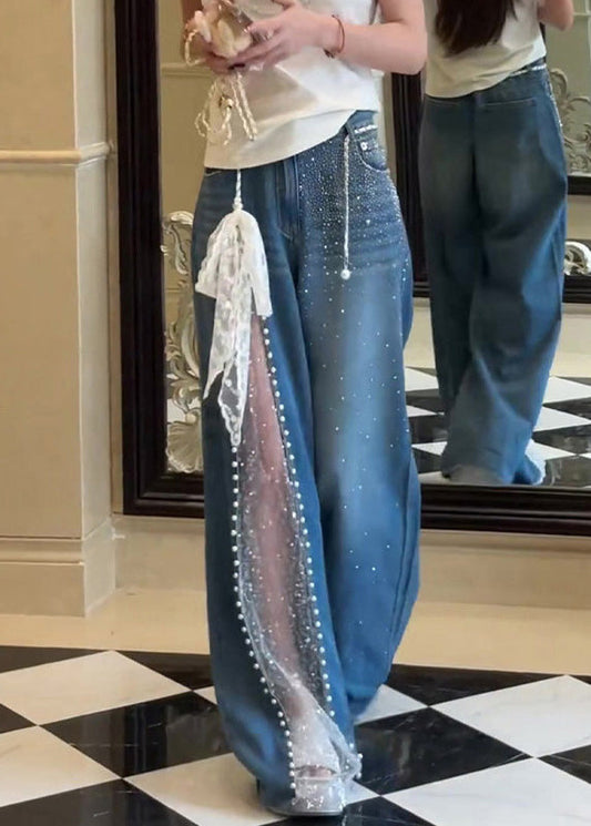 Pantalon en jean patchwork en dentelle de zircon bleu chic avec poches pour l'automne - Amawinc