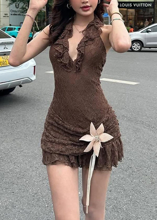 Robe licou chic marron à volants et dentelle patchwork sans manches - Amawinc
