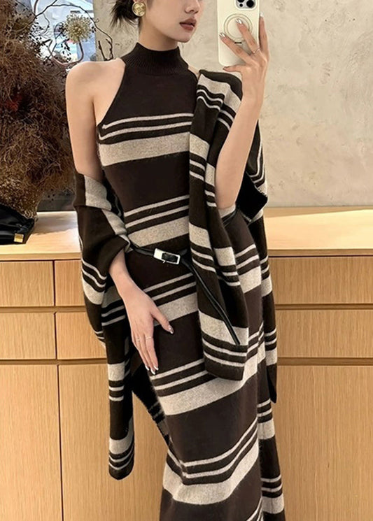 Ensemble deux pièces automne chic : cardigan rayé marron et robe pull en maille. - Amawinc