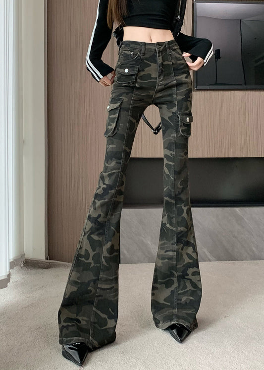 Pantalon évasé en denim vert camouflage chic et ajusté pour l'automne - Amawinc