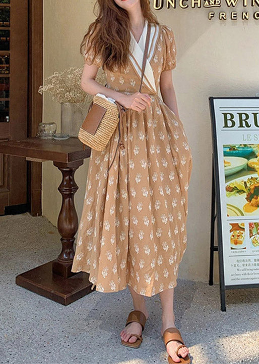 Robe longue en coton froissé imprimé champagne chic à col en V pour l'été - Amawinc