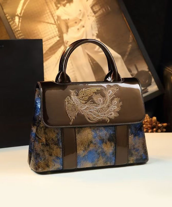 Sac fourre-tout chic en cuir de veau bleu café avec broderie Phoenix - Amawinc