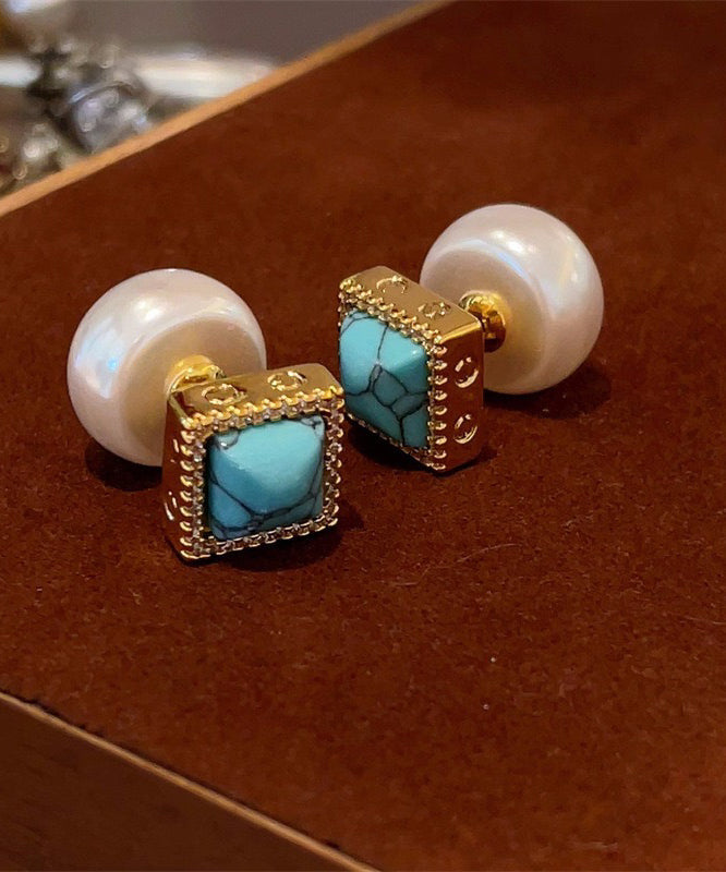 Boucles d'oreilles à tige chics en perles turquoise surdorées en cuivre colorblock - Amawinc