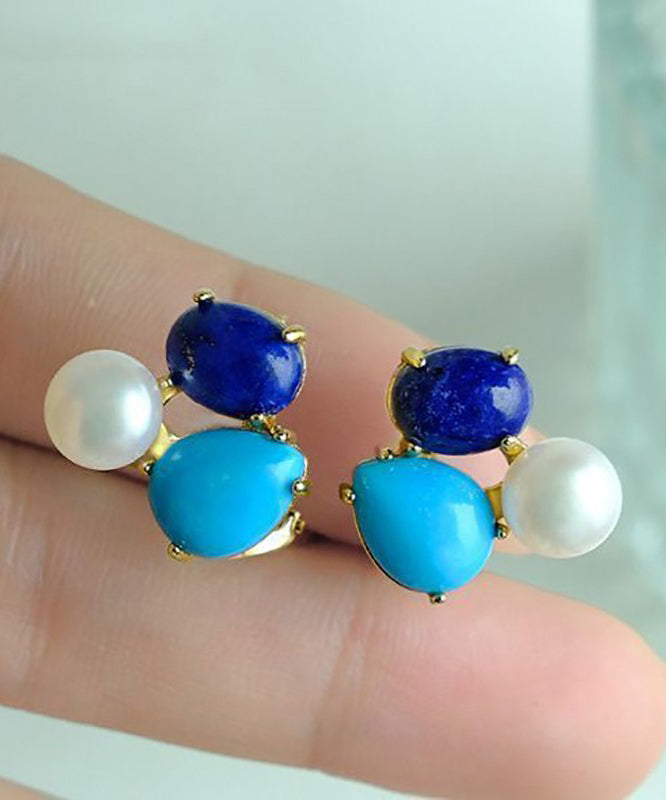 Boucles d'oreilles à tige chics en argent sterling avec perles turquoise surdorées - Amawinc