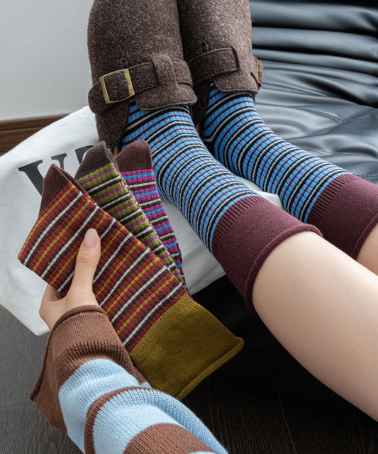 Chaussettes mi-mollet chics en coton à rayures colorblock - Amawinc