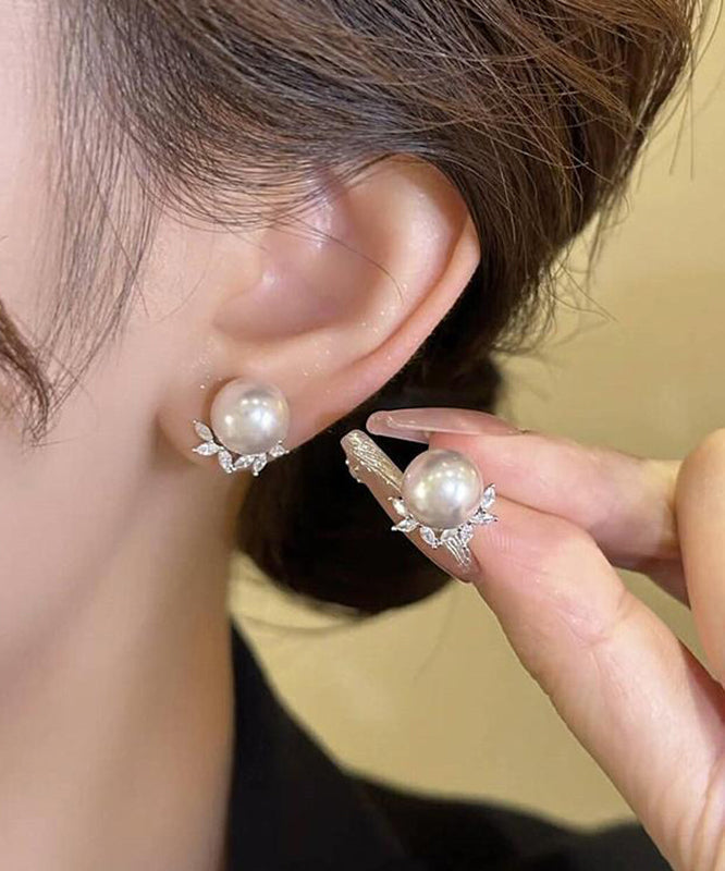 Boucles d'oreilles à tige chics en cuivre et zircon avec perles et feuilles - Amawinc