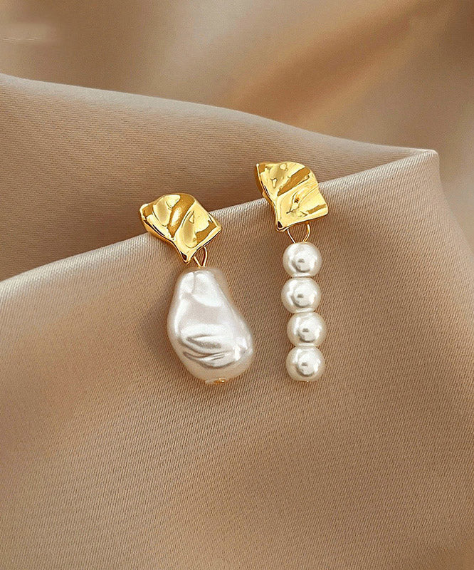 Boucles d'oreilles pendantes asymétriques chics en alliage de cuivre doré et perles - Amawinc