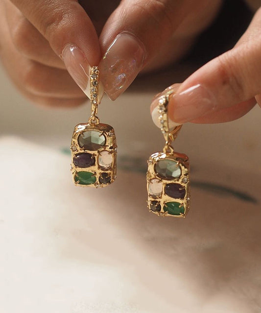 Boucles d'oreilles pendantes chics en or et cuivre doré avec pampilles en pierres précieuses - Amawinc