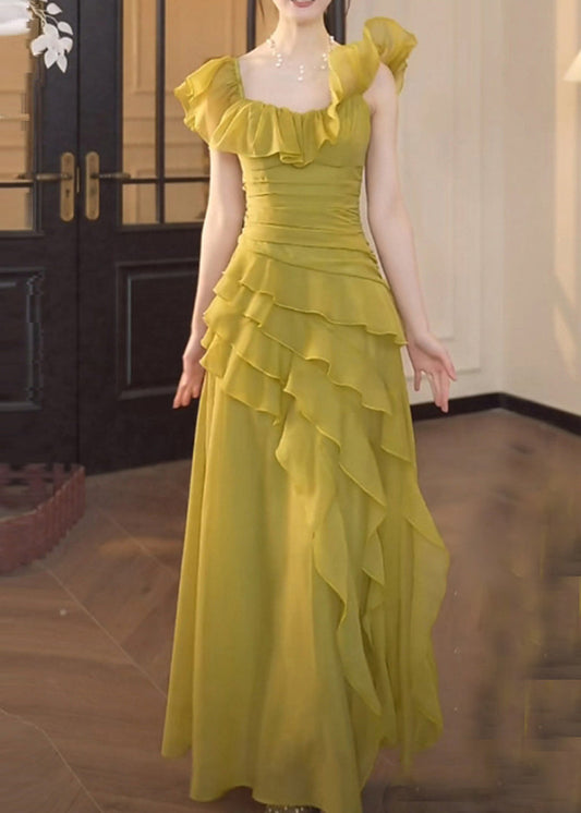 Robe chic en mousseline de soie verte à col carré et volants pour l'été - Amawinc