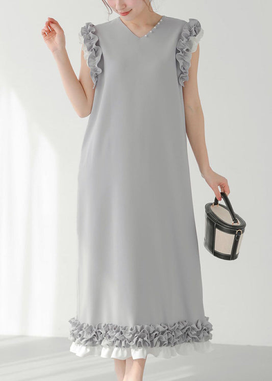 Robe droite chic grise à volants et perles en patchwork, sans manches - Amawinc