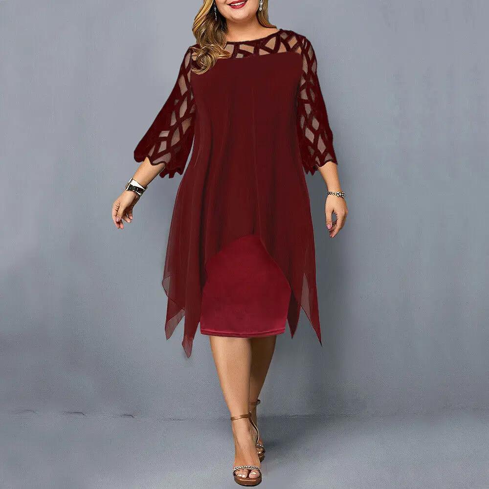 Robe Midi Chic Pour Femmes Grande Taille Col Rond Dentelle Manches Polyvalente Élégante