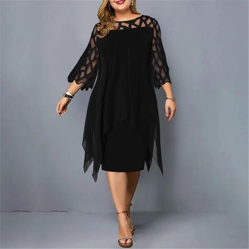 Robe Midi Chic Pour Femmes Grande Taille Col Rond Dentelle Manches Polyvalente Élégante