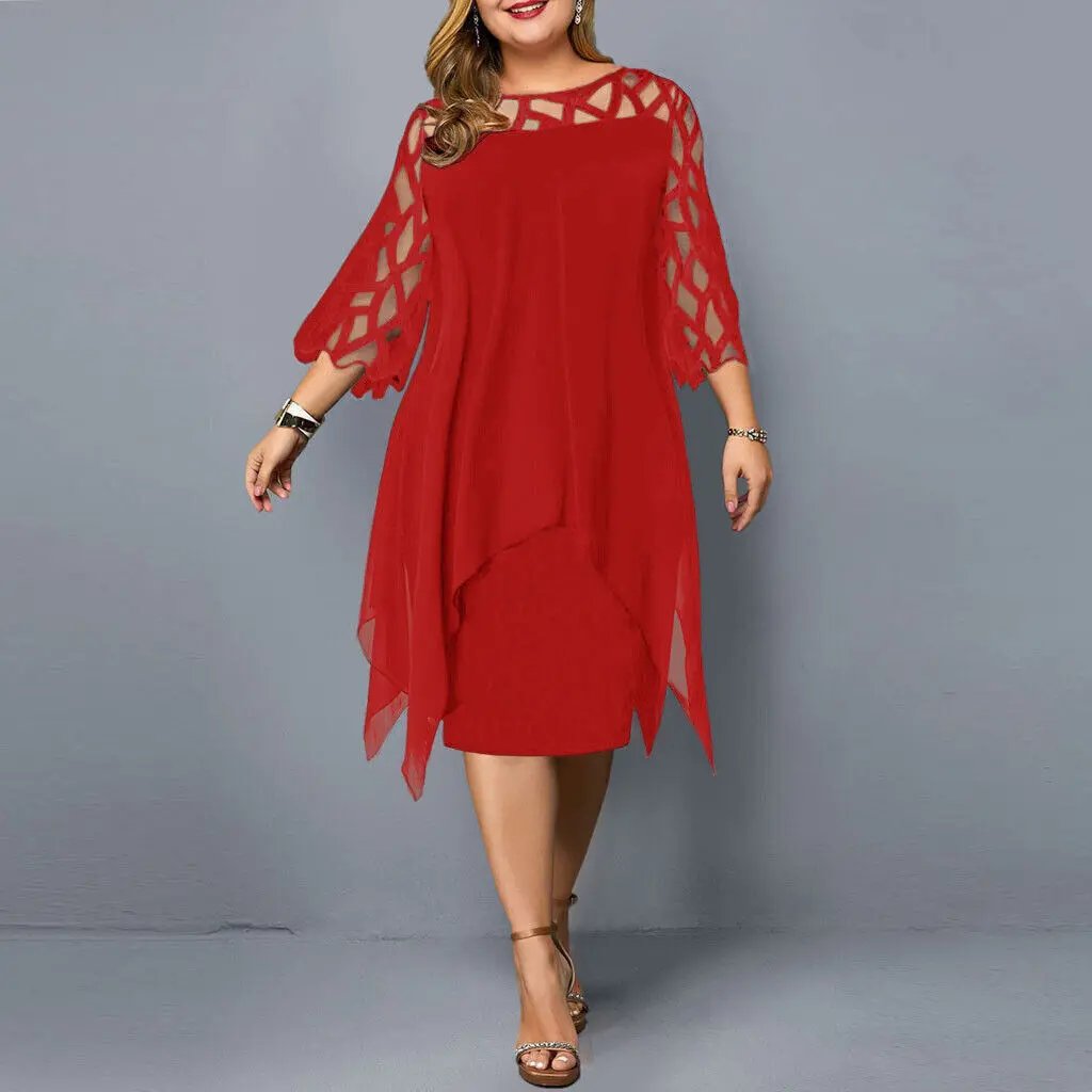 Robe Midi Chic Pour Femmes Grande Taille Col Rond Dentelle Manches Polyvalente Élégante